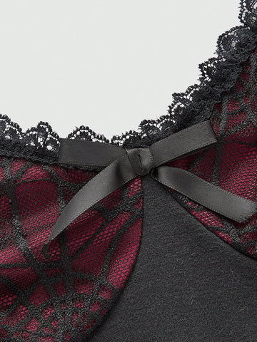ROMWE Goth Women's Sexy Color Block Spider Web Lace Trim Bow Knot Detail Bodysuit