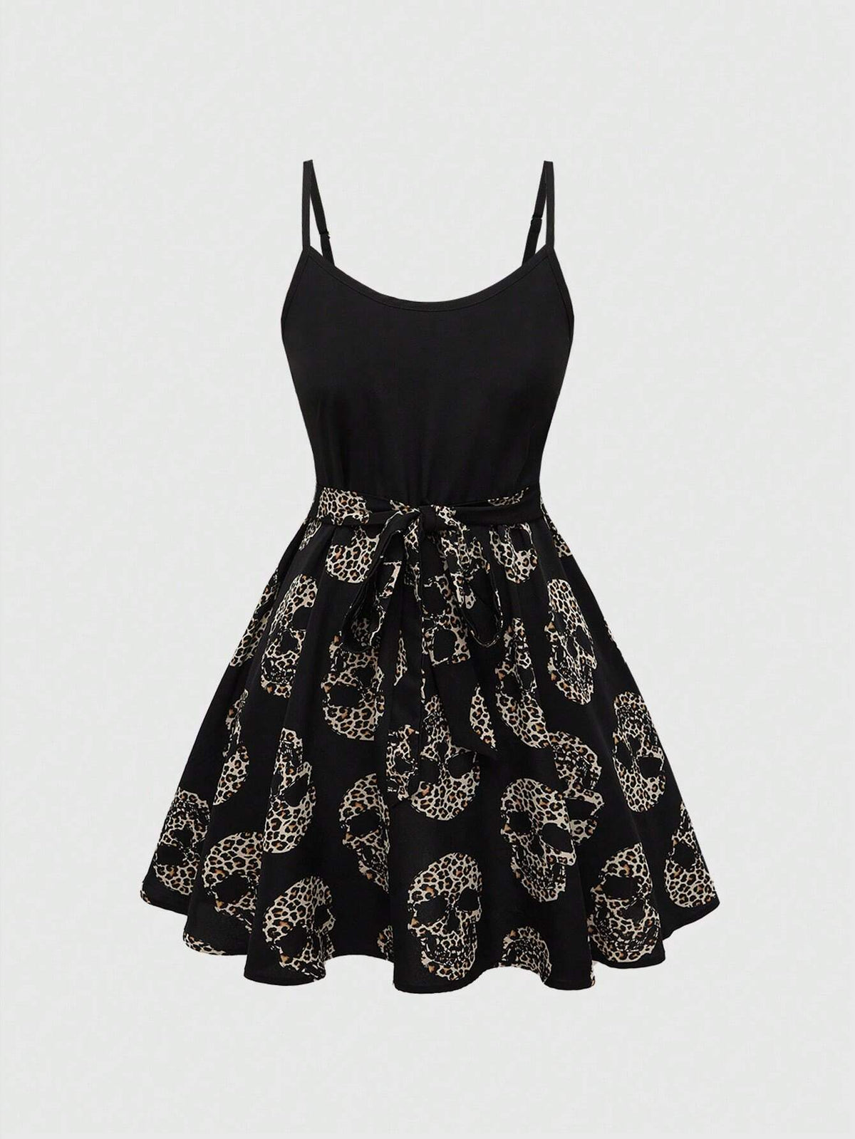 ROMWE Goth Women's Summer Leopard Print And Skull Pattern Splicing Spaghetti Strap Dress