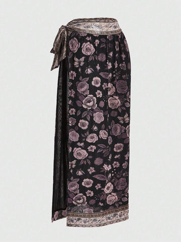 ROMWE Goth Women's Vacation Style Floral Print Side Slit Skirt