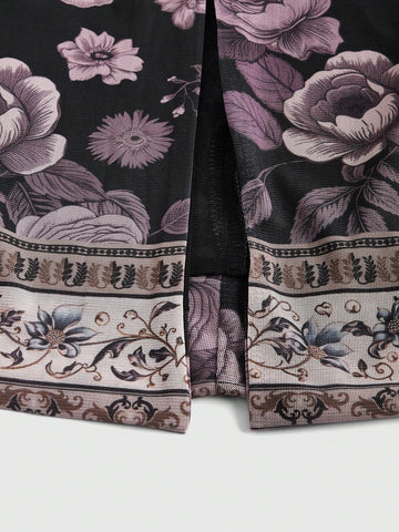 ROMWE Goth Women's Vacation Style Floral Print Side Slit Skirt