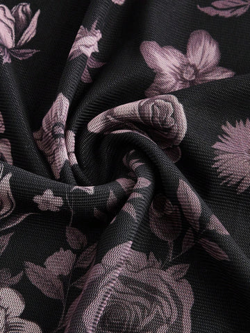 ROMWE Goth Women's Vacation Style Floral Print Side Slit Skirt