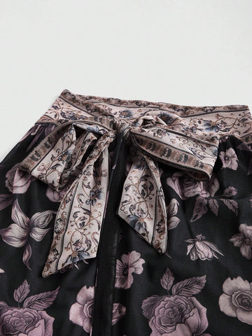 ROMWE Goth Women's Vacation Style Floral Print Side Slit Skirt