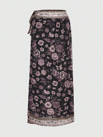 ROMWE Goth Women's Vacation Style Floral Print Side Slit Skirt