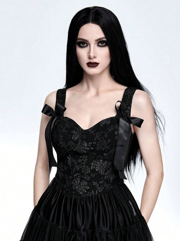 ROMWE Goth Women's Woven Jacquard Mesh Ruffle Hem Camisole Puff Dress