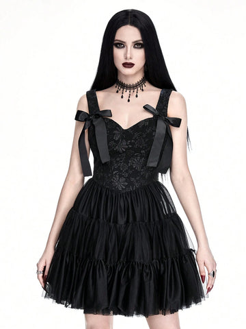 ROMWE Goth Women's Woven Jacquard Mesh Ruffle Hem Camisole Puff Dress