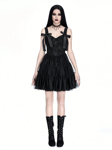 ROMWE Goth Women's Woven Jacquard Mesh Ruffle Hem Camisole Puff Dress