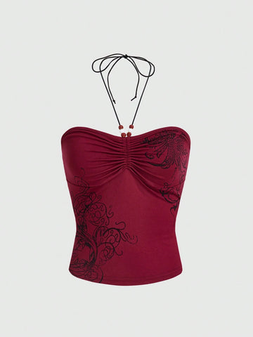 ROMWE Goth Women's Y2k Vintage Vine Print Beaded Halter Neck Tank Top For Summer