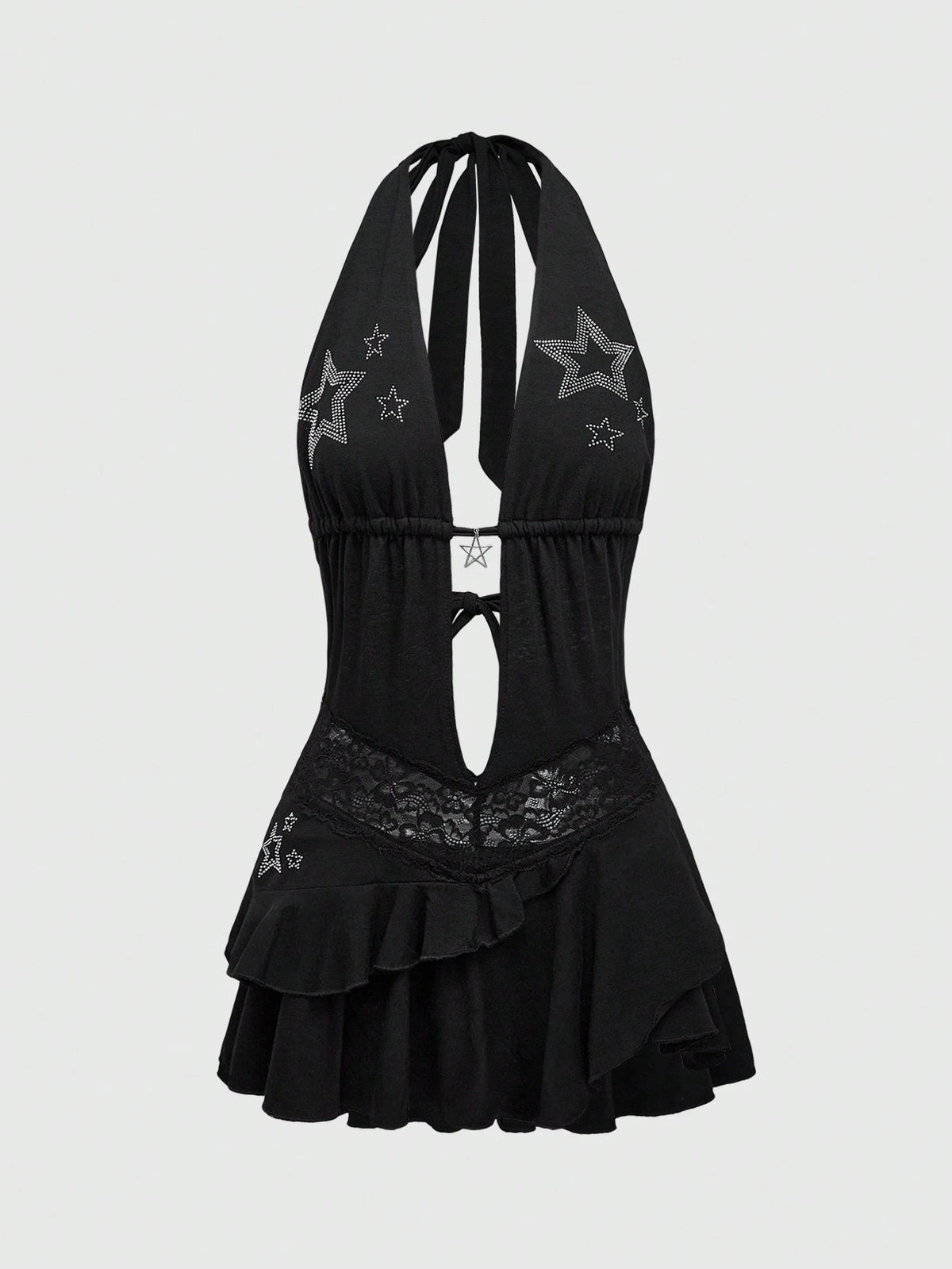 ROMWE Goth Y2K Sexy Backless Halter Dress With Star Rhinestone Pendant For Women