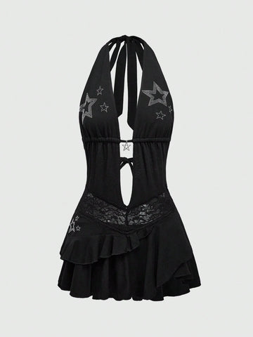 ROMWE Goth Y2K Sexy Backless Halter Dress With Star Rhinestone Pendant For Women