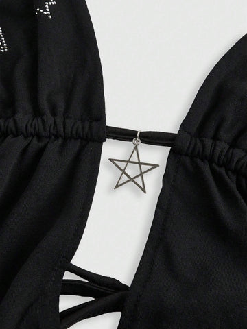 ROMWE Goth Y2K Sexy Backless Halter Dress With Star Rhinestone Pendant For Women