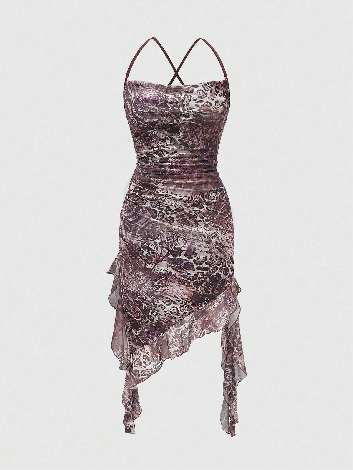 ROMWE Goth Y2K Sexy Leopard Mesh Allover Print Asymmetrical Hem Spaghetti Strap Dress With Plunging Neckline For Women