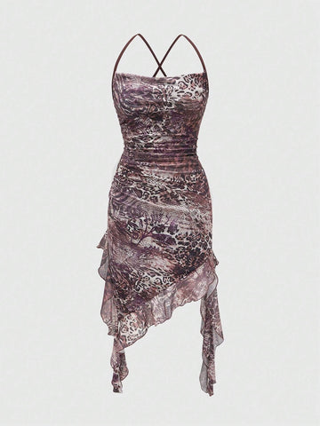 ROMWE Goth Y2K Sexy Leopard Mesh Allover Print Asymmetrical Hem Spaghetti Strap Dress With Plunging Neckline For Women