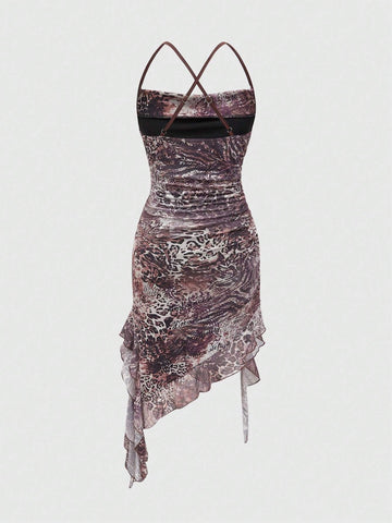 ROMWE Goth Y2K Sexy Leopard Mesh Allover Print Asymmetrical Hem Spaghetti Strap Dress With Plunging Neckline For Women