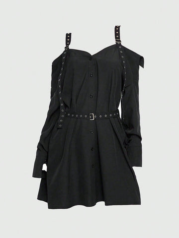 ROMWE Grunge Punk Casual Sexy Punk Cinched Waist Grommet Off Shoulder Solid Dress For Women