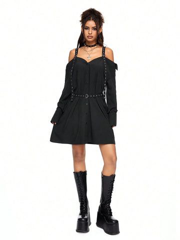 ROMWE Grunge Punk Casual Sexy Punk Cinched Waist Grommet Off Shoulder Solid Dress For Women
