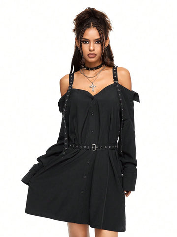 ROMWE Grunge Punk Casual Sexy Punk Cinched Waist Grommet Off Shoulder Solid Dress For Women