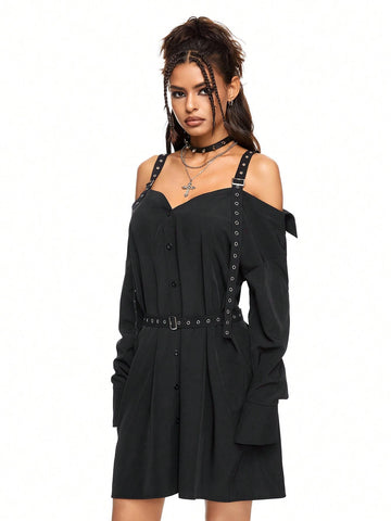 ROMWE Grunge Punk Casual Sexy Punk Cinched Waist Grommet Off Shoulder Solid Dress For Women