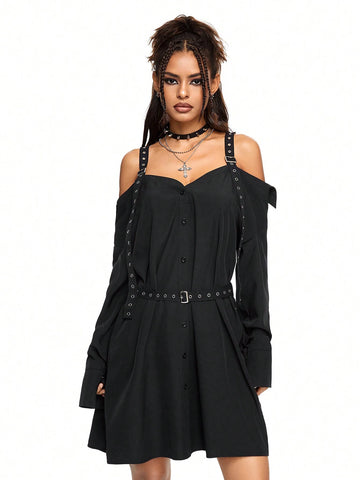 ROMWE Grunge Punk Casual Sexy Punk Cinched Waist Grommet Off Shoulder Solid Dress For Women