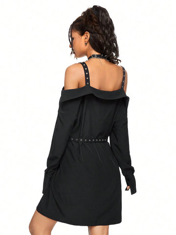 ROMWE Grunge Punk Casual Sexy Punk Cinched Waist Grommet Off Shoulder Solid Dress For Women