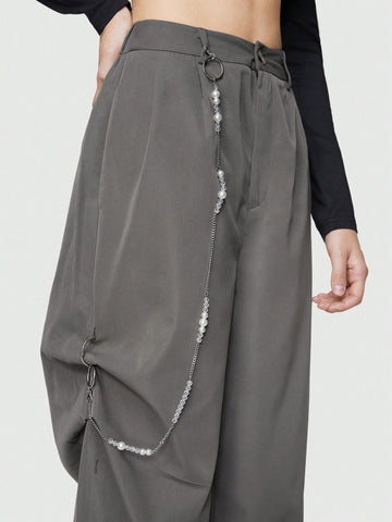 ROMWE Grunge Punk Casual Solid Color High Waist Pearl Detail Chain Decor Utility Pants