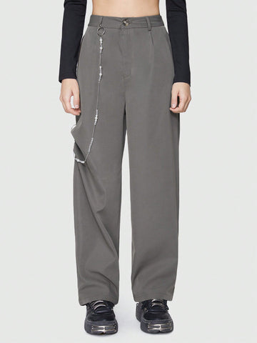 ROMWE Grunge Punk Casual Solid Color High Waist Pearl Detail Chain Decor Utility Pants