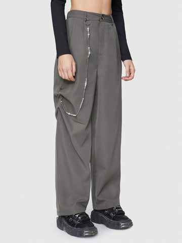 ROMWE Grunge Punk Casual Solid Color High Waist Pearl Detail Chain Decor Utility Pants