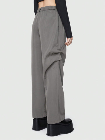 ROMWE Grunge Punk Casual Solid Color High Waist Pearl Detail Chain Decor Utility Pants