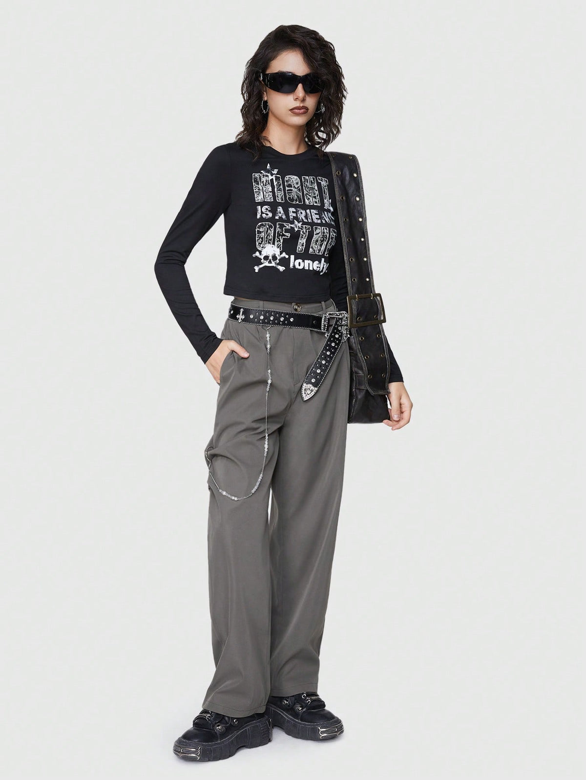 ROMWE Grunge Punk Casual Solid Color High Waist Pearl Detail Chain Decor Utility Pants