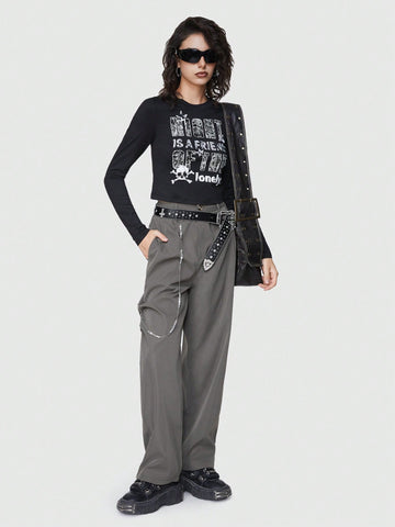 ROMWE Grunge Punk Casual Solid Color High Waist Pearl Detail Chain Decor Utility Pants