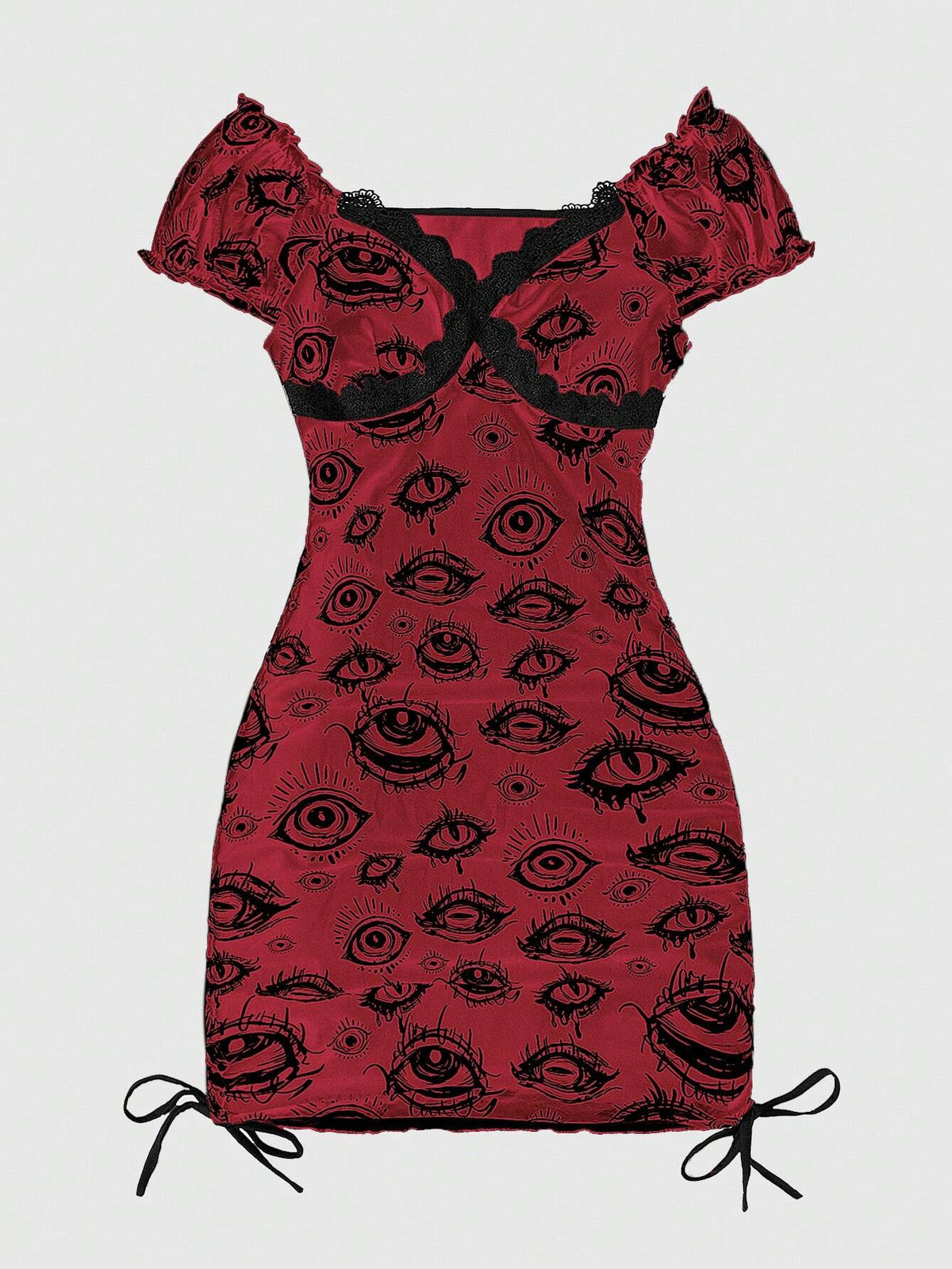 ROMWE Grunge Punk Eye Print Contrast Lace Drawstring Side Dress