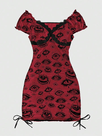 ROMWE Grunge Punk Eye Print Contrast Lace Drawstring Side Dress