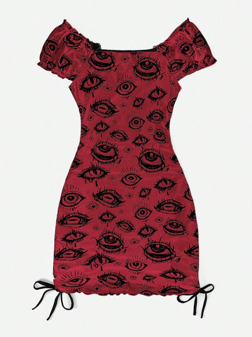 ROMWE Grunge Punk Eye Print Contrast Lace Drawstring Side Dress