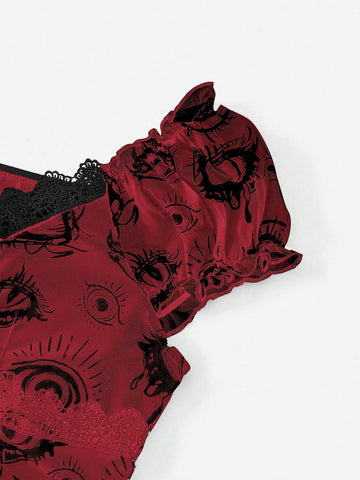 ROMWE Grunge Punk Eye Print Contrast Lace Drawstring Side Dress
