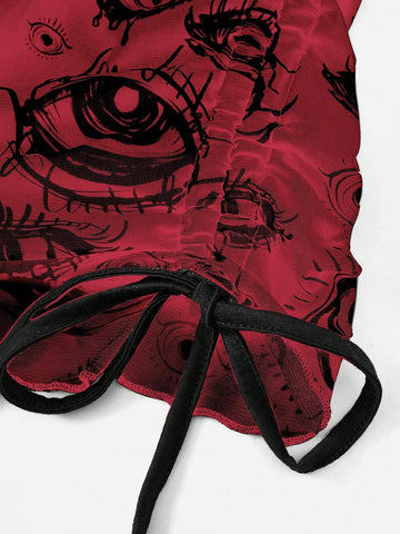 ROMWE Grunge Punk Eye Print Contrast Lace Drawstring Side Dress