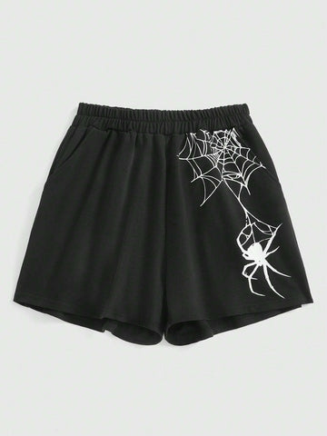 ROMWE Grunge Punk Loose And Casual Spider Web Printed Shorts With Pockets