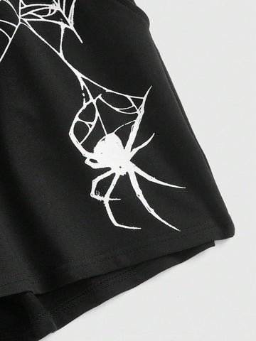 ROMWE Grunge Punk Loose And Casual Spider Web Printed Shorts With Pockets