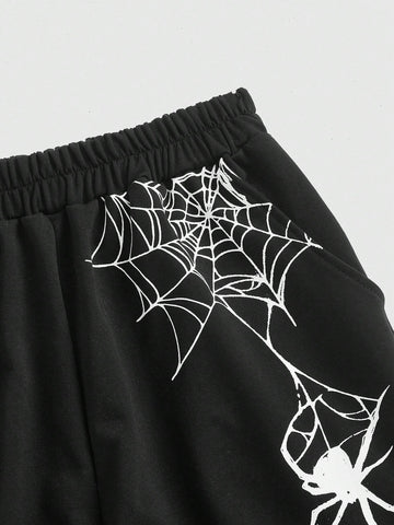 ROMWE Grunge Punk Loose And Casual Spider Web Printed Shorts With Pockets