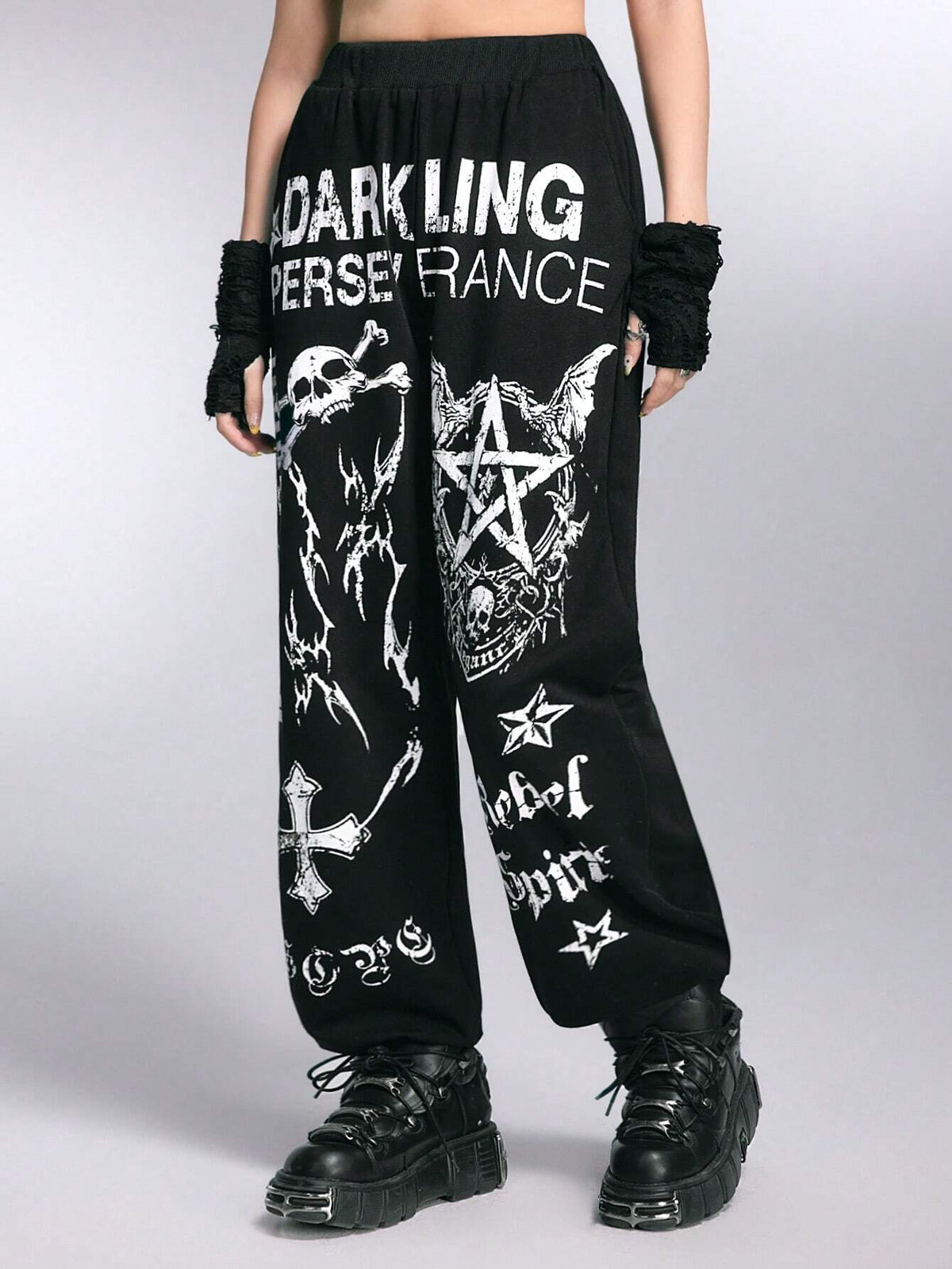 ROMWE Grunge Punk Loose Elastic Skull & Star & Gothic Letter Print Women's Sweatpants