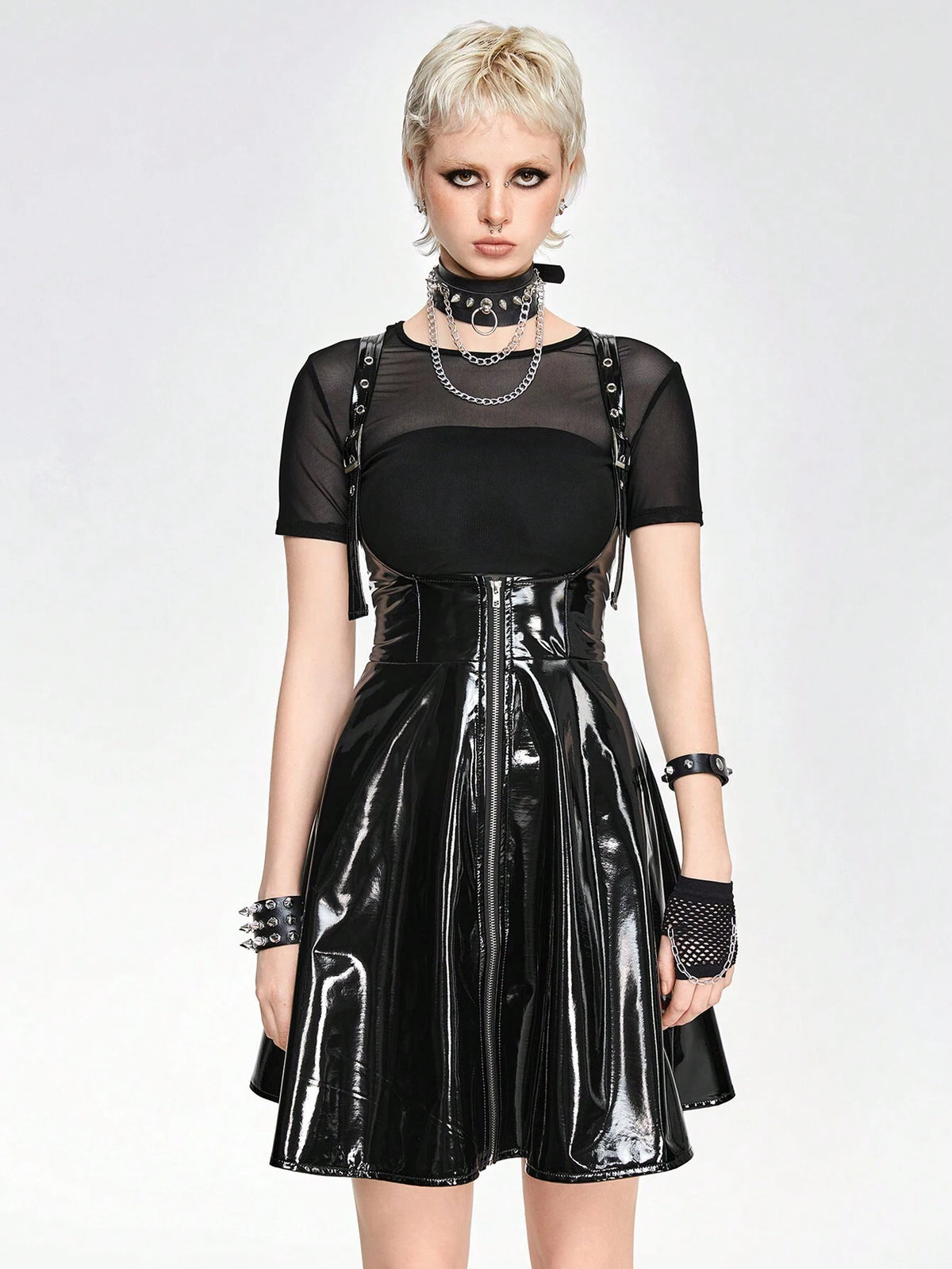 ROMWE Grunge Punk Punk Style PU Leather Flared Hem A-Line Women's Criss Cross Strap Dress