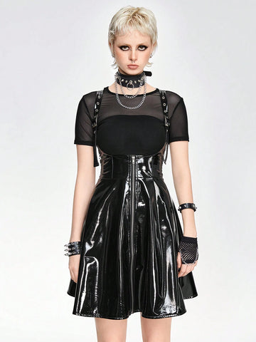 ROMWE Grunge Punk Punk Style PU Leather Flared Hem A-Line Women's Criss Cross Strap Dress