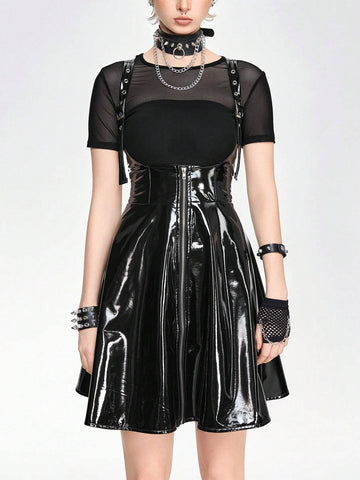 ROMWE Grunge Punk Punk Style PU Leather Flared Hem A-Line Women's Criss Cross Strap Dress