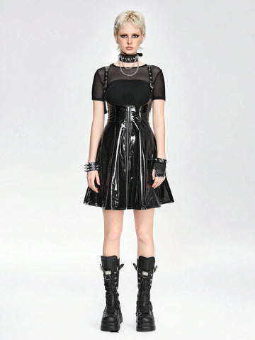 ROMWE Grunge Punk Punk Style PU Leather Flared Hem A-Line Women's Criss Cross Strap Dress