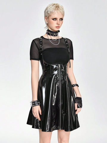 ROMWE Grunge Punk Punk Style PU Leather Flared Hem A-Line Women's Criss Cross Strap Dress