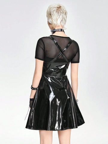 ROMWE Grunge Punk Punk Style PU Leather Flared Hem A-Line Women's Criss Cross Strap Dress