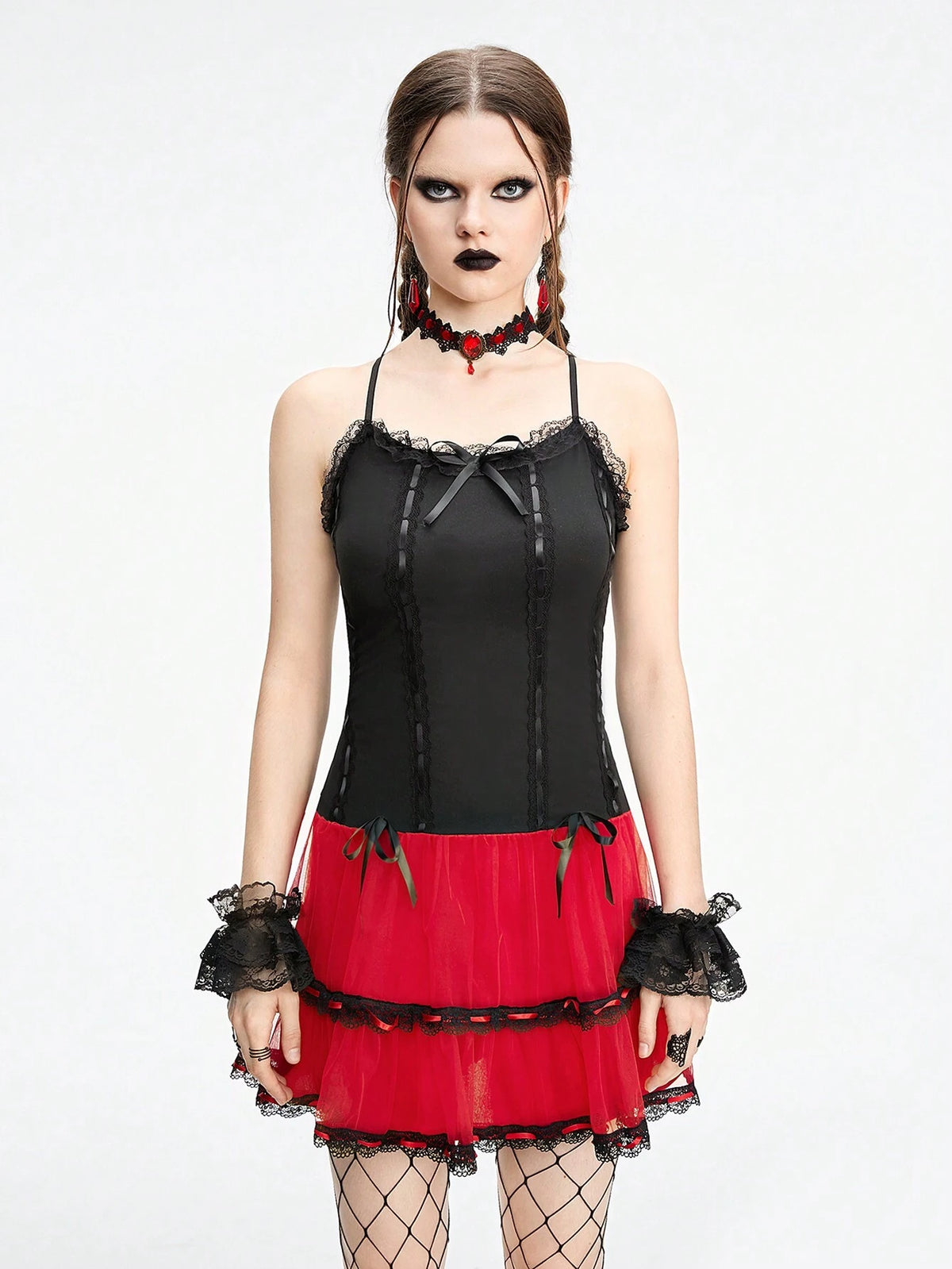 ROMWE Grunge Punk Punk Style Red And Black Color Block Low-Waisted Suspender Cake Dress For Women