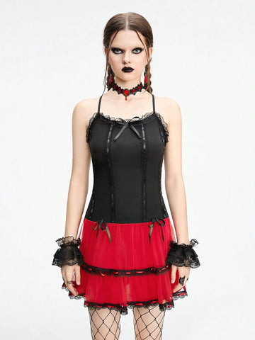 ROMWE Grunge Punk Punk Style Red And Black Color Block Low-Waisted Suspender Cake Dress For Women