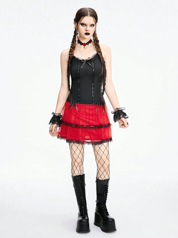 ROMWE Grunge Punk Punk Style Red And Black Color Block Low-Waisted Suspender Cake Dress For Women
