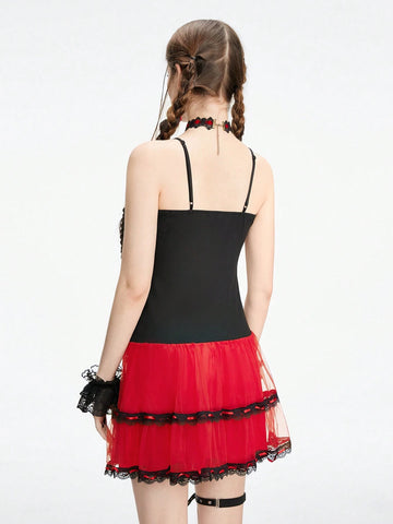 ROMWE Grunge Punk Punk Style Red And Black Color Block Low-Waisted Suspender Cake Dress For Women