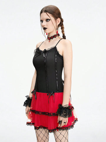 ROMWE Grunge Punk Punk Style Red And Black Color Block Low-Waisted Suspender Cake Dress For Women