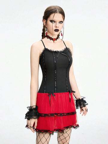 ROMWE Grunge Punk Punk Style Red And Black Color Block Low-Waisted Suspender Cake Dress For Women